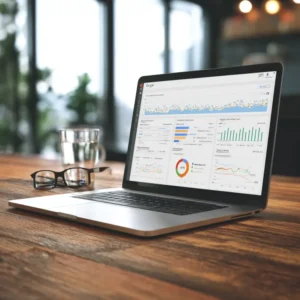 Laptop mit Charts auf Schreibtisch