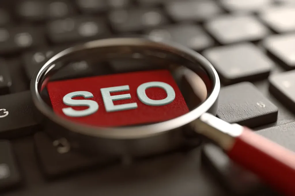 SEO Symbol auf computertastatur mit Lupe vergrößert